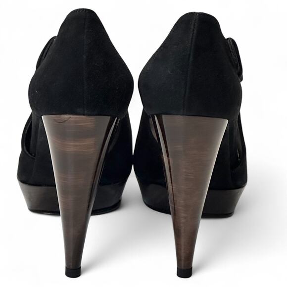 Stuart Weitzman Black Suede Platform Heels Pumps Size 6 Buckle Strap Glam NWOT - Picture 3 of 13